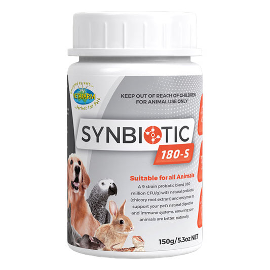 Synbiotic -9 strain probiotic blend (180 million CFU/g) with natural prebiotic (chicory root extract) and 7 enzymes.